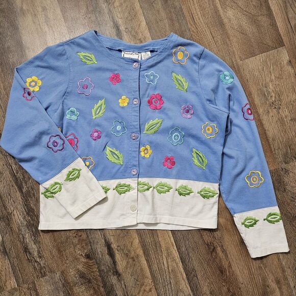 VTG Michael Simon Lite Sz Small Blue Flower Leaf Cardigan, Cotton Embroidered - Picture 3 of 7